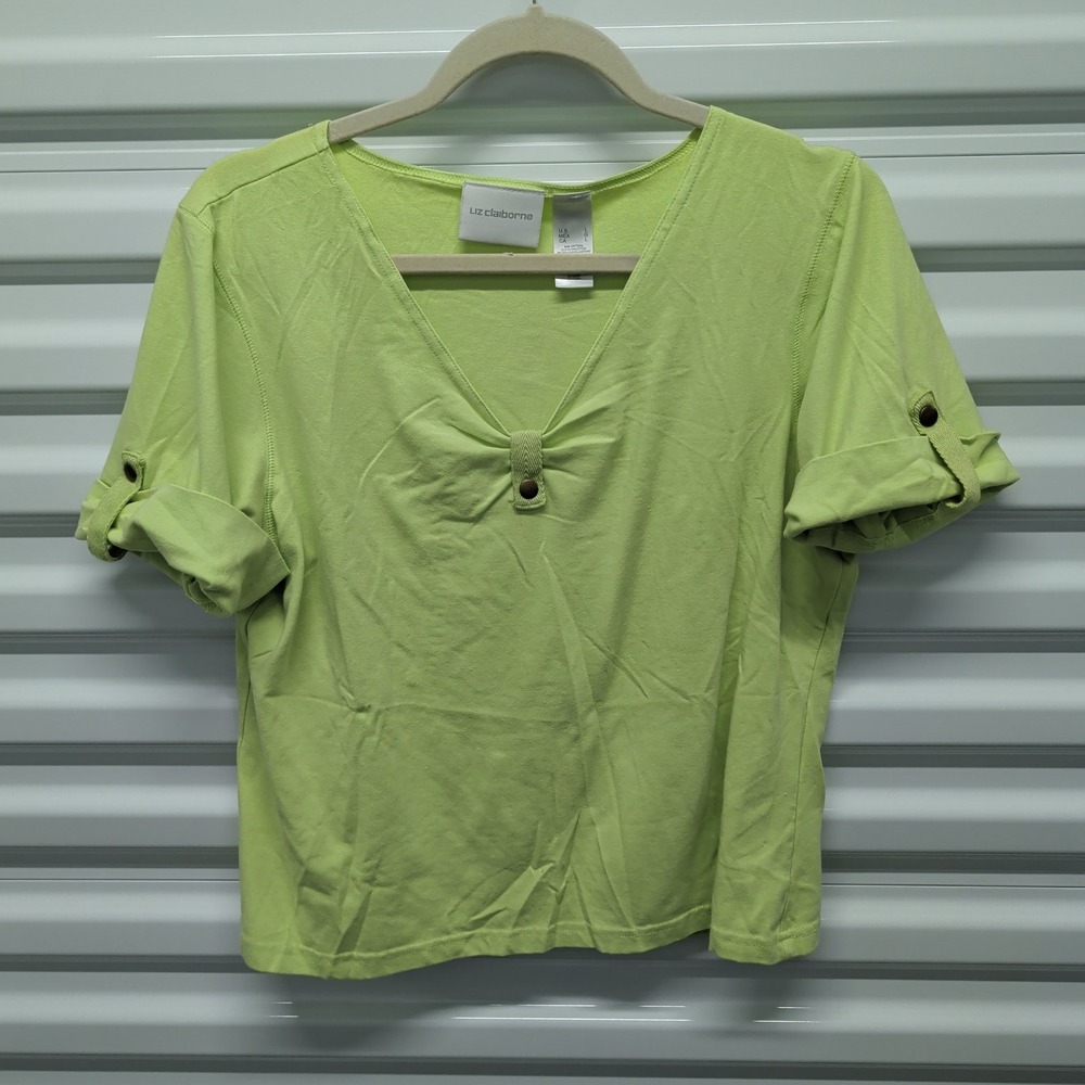 Liz Claiborne Top Size L Womens Lime Green V-Neck Roll Tab Short Sleeve T-Shirt — photo 2